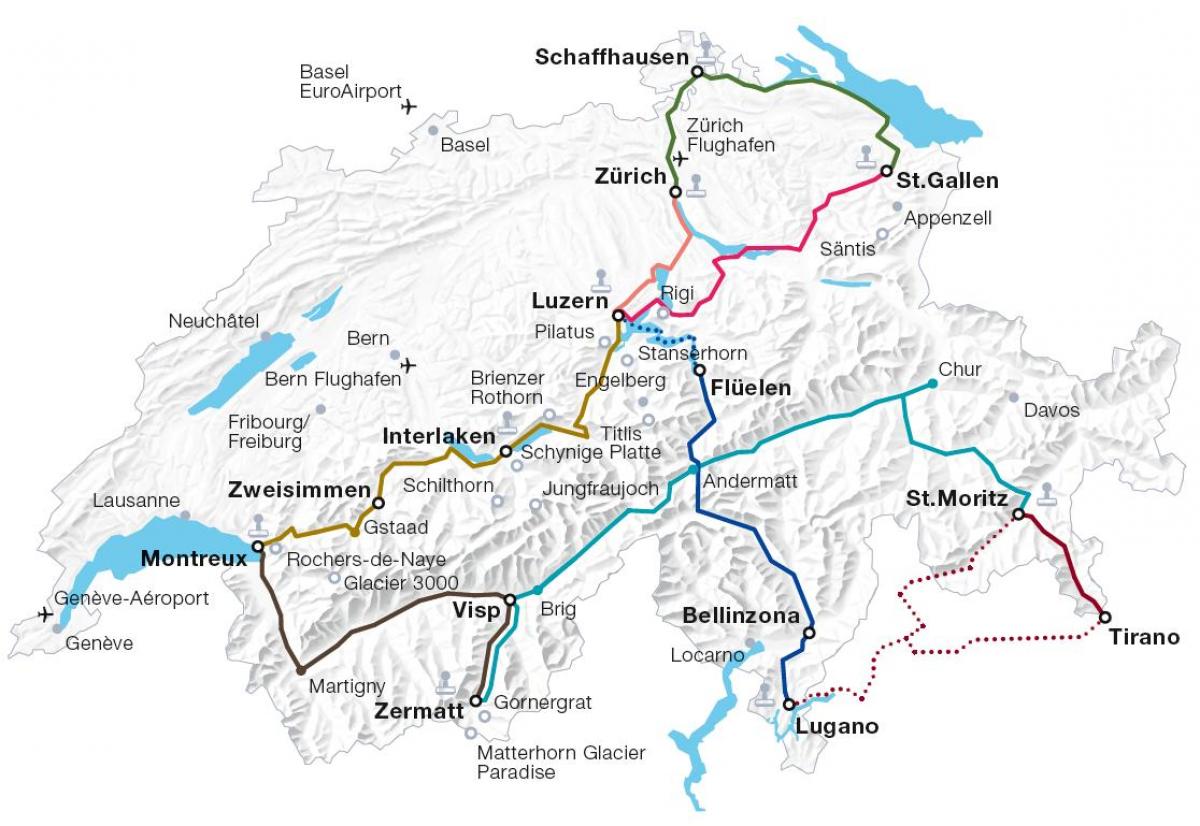 switserland skilderagtige trein roetes kaart